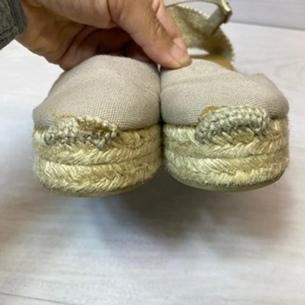 Castañer Women 6 36 Espadrille Wedge Sandal Ankle Strap Tan Canvas Jute Platform